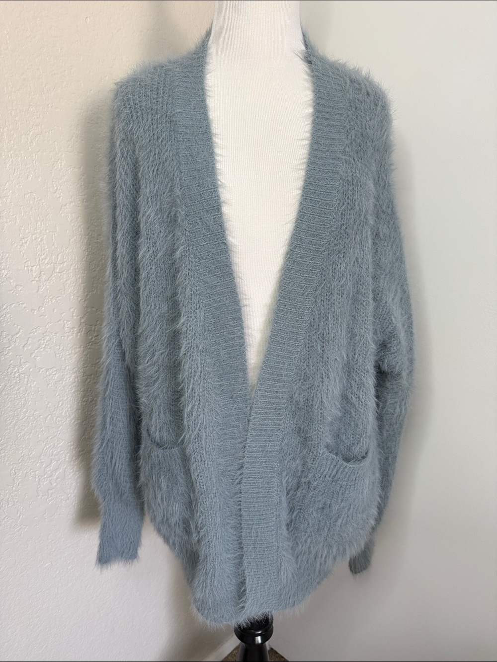 Cozy Fuzzy Open-Front Cardigan Sweater - Dusty Blue